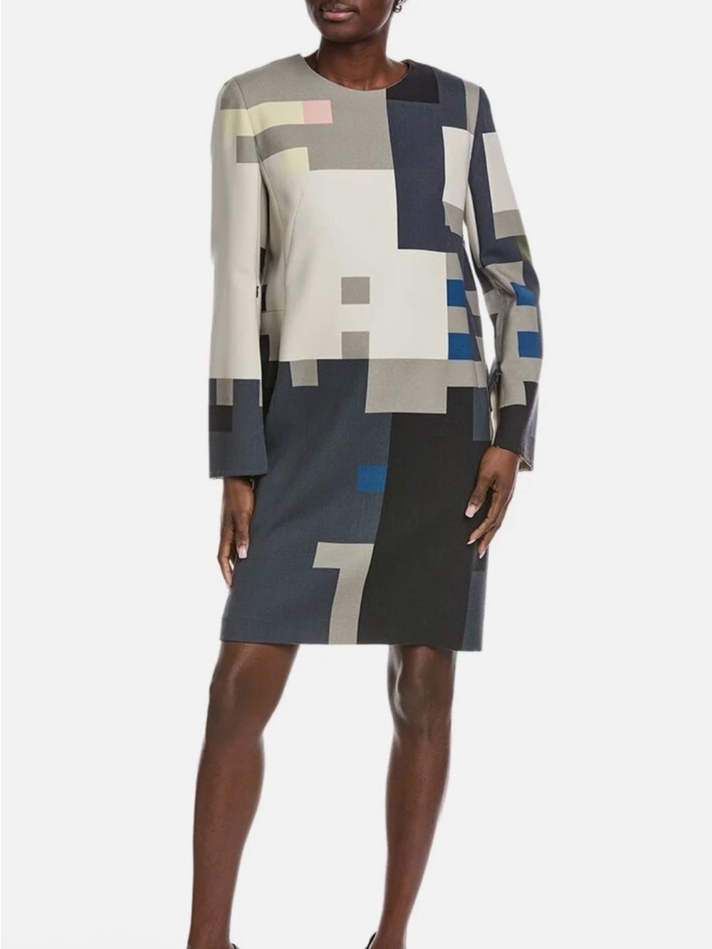Akris Geometric Pixel Print Wool Silk Sheath Dress Size 10 NWOT